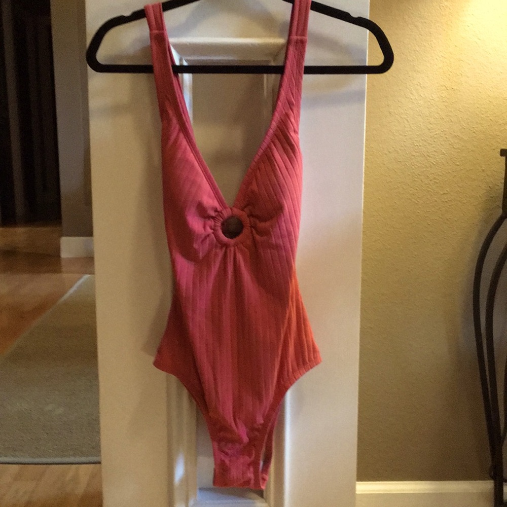 Kona Sol Salmon Color Ribbed One-Piece Swimsuit